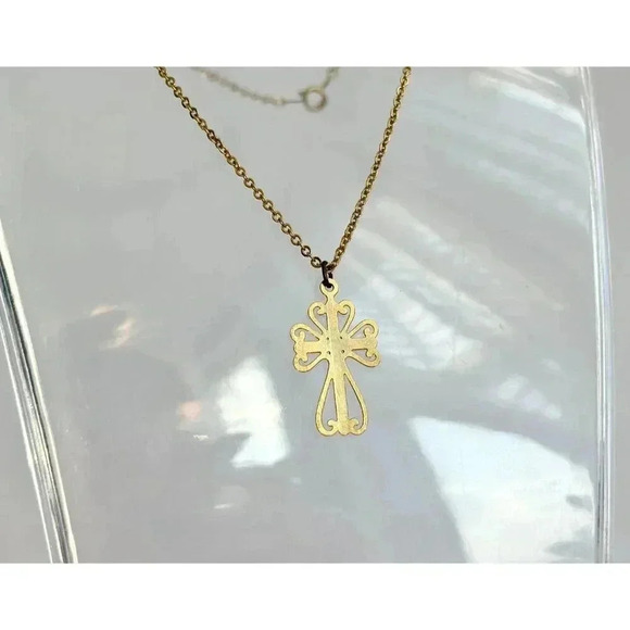 Gold Toned Ornamental Cross Pendant Necklace - 14" - Picture 7 of 8